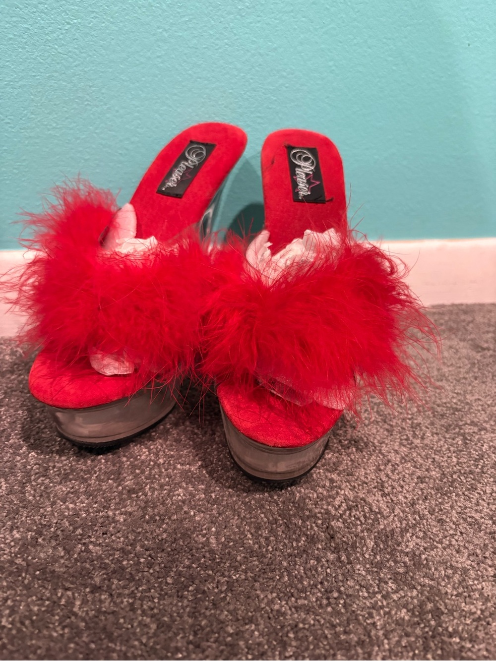 Pleaser Red Feather Platform Mules